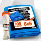 Lona 6x5 Mt Azul Plastica Impermeavel Festa Telhado Multiuso 105 Micras Reforçada + 10m Corda