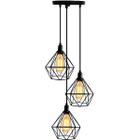 Lustre Luminária Pendente Diamante Retro Triplo Preto FL