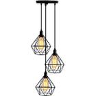 Lustre Luminária Pendente Diamante Retro Triplo Preto Fl