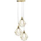 Lustre Pendente Aramado Triplo Diamante Cabo Cristal Regulável Dourado Luminária Agp Ilumini