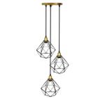 Lustre Pendente Aramado Triplo Diamante Dourado/Preto Cabo Regulável Luminária Agp Ilumini Retro