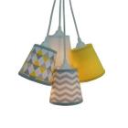 Lustre Pendente Cacho Zig Zag 4 Cúpulas Tecidos Amarelo, Cinza e Branco