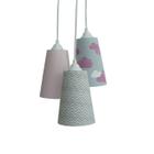 Lustre Pendente Luminária 3 Cúpulas Tecido Chevron e Nuvens Rosa e Cinza - Crie Casa