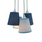 Lustre Pendente Luminária Cacho Menino 4 Cúpulas Tecidos Jeans e Azul Bebê