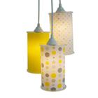 Lustre Pendente Luminária Tripla Cilíndrica Tecidos Amarelo e Cinza