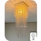 Lustre Pendente Sala de Estar, Sala de Jantar em Cristal Acrílico 17x48cm Branco 03 Camadas Quadrado + Lâmpada Led Branca