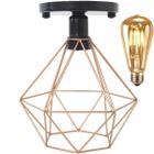 Lustre Teto Plafon + Lâmpada Led Industrial Aramado Diamante Cobre Rose Gold Retrô Luminária Preto