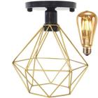 Lustre Teto Plafon + Lâmpada Led Industrial Aramado Diamante Dourado Retrô Luminária Vintage Preto - Agp Ilumini/Gmh Tr