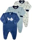 Macacao Bebe Menino Plush Estampado Liso e Listrado Kit Macacao Plush Menino Cachorros 3 Pecas - Azul