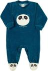 Macacao Bebe Plush Menino Bordado Urso Panda - Azul Jeans fake