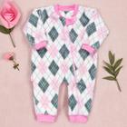 Macacão Bebê Xadrez Argyle em Fleece Creme com Rosa