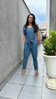 Macacão calça com martigale feminino azul claro blufera jeans 100% algodão 20204-1