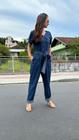 Macacão calça com martigale feminino azul escuro blufera jeans 100% algodão 20204