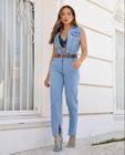 Macacão Country Feminino Ana Castela Tecido Premium Jeans Azul Claro Em Marca True Jeans