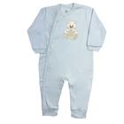 Macacão longo bebê azul com punho, botões e bordado ursinho