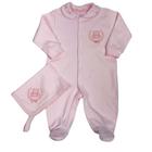 Macacão longo bebê rosa estampado coroas bordado urso + pano de boca bordado urso