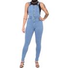 Macacão Longo Jardineira Clássica Jeans Feminina Manga Regata - Azul Claro