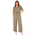 Macacão Plus Size Longo Liso Feminino Elástico na Cintura Colarinho e Botões em Linho com Viscose