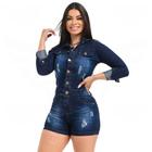 Macaquinho Jeans Curto Macacão Short Manga Longa Feminino - EWF Jeans - Azul Escuro