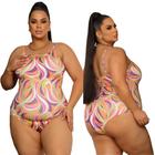 Maiô Plus Size Sem Bojo Alçinha Ajustável Tecido Duplo Estampado Laranja G1 Moda Curve Verão