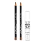 Makeup NYX PROFESSIONAL Slim Lip Pencil Espresso + Butter Gloss Sugar Glass Clear, pacote com 3 unidades