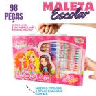 Maleta Kit Escolar com 98 Peças Glam Girls Completo Com Lápis Colorido Giz de Cera Tinta Aquarela Canetinha Menina Rosa