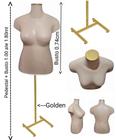 Manequim feminino (Busto Plus size GG) bege com tampa + pedestal H (Golden) dourado.