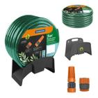 Mangueira de Jardim Verde PVC Flexível Reforçada 10 Metros Original Tramontina, Acompanha Engate Rosqueado, Esguicho Ajustável e Suporte Plástico Fixo