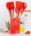 Melhor silicone cozinhar utensílio conjunto de madeira lidar com espátula sopa colher escova concha VERMELHO