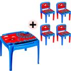 Mesa 4 Cadeiras De Criança De Plástico Aranha Azul Com Porta Copos
