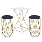 Mesa Bistrô Lucca Industrial e 02 Banquetas Alta Liz Base Ferro Dourado Tampo Branco Suede Azul Marinho - Ahazzo Móveis