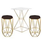 Mesa Bistrô Lucca Industrial e 02 Banquetas Alta Liz Base Ferro Dourado Tampo Branco Suede Marrom - Ahazzo Móveis