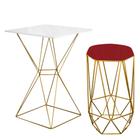 Mesa Bistrô Lucca Industrial e Banqueta Alta Liz Base Ferro Dourado Tampo Branco Suede Vermelho - Ahazzo Móveis