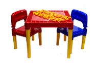 Mesa Conjunto Azul e Vermelho Com Duas Cadeiras