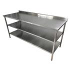 Mesa de Aço Inox Industrial 190x70x90 cm com 2 Prateleiras Plano Liso com Espelho Nortinox