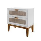 mesa de cabeceira retro com pes de madeira maciça santorini 60cm com 2 gavetas vintagen para quarto - Casa Detalhe