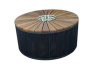 Mesa de centro redonda 90' com bowl em inox de 4L 27.5cm - Tampo de madeira Cumaru formato pizza - Material corda náutica