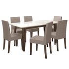 Mesa de Jantar 160cm Liz com Vidro Amêndoa Off White e 6 Cadeiras Josi Liso Amêndoa Cappuccino Poliman