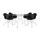 Mesa de Jantar Eames Eiffel Redonda Vidro 90cm com 4 Poltronas Pretas Ferro Branco