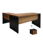 Mesa escrivaninha em L com mesa auxiliar 1,70x1,60m 02 Gavetas WORKSTART NOGAL SEVILHA/PRETO 