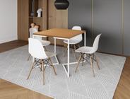 Mesa Industrial Base Ferro Branco em V Tampo 90x90 Canela 4 Cadeiras Eames Madeira Assento Branco