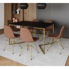 Mesa Industrial Retangular Preta Base V Dourada 137x90cm 6 Cadeiras Estofadas Caramelo Dourada