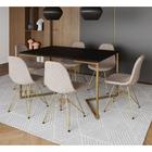 Mesa Industrial Retangular Preta Base V Dourada 137x90cm 6 Cadeiras Estofadas Nude Claro Dourada