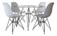 Mesa Jantar Eames De Ferro Preto Tampo Redondo Vidro 110cm 4 Cadeiras Brancas