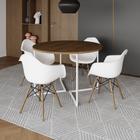 Mesa Jantar Industrial Amêndoa 110cm Redonda Base V Ferro Branco com 4 Poltronas Eiffel Brancas Made