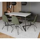 Mesa Jantar Industrial Branca 137x90cm Base V com 6 Cadeiras Estofadas Verdes Eiffel Aço Preto