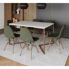 Mesa Jantar Industrial Branca Base V Cobre 137x90cm com 6 Cadeiras Madeira Estofadas Verdes
