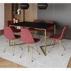 Mesa Jantar Industrial Preta Base V Dourada 137x90cm 6 Cadeiras Estofadas Vermelhas Dourada
