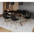 Mesa Jantar Industrial Retangular 137x90cm Preta Base V Dourada com 6 Cadeiras Eames Eiffel Madeira 