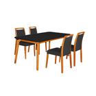 Mesa Jantar Luxo Jade 160x90cm Preto com 4 Cadeiras Estofadas Veludo Preto Base Madeira Maciça Mel